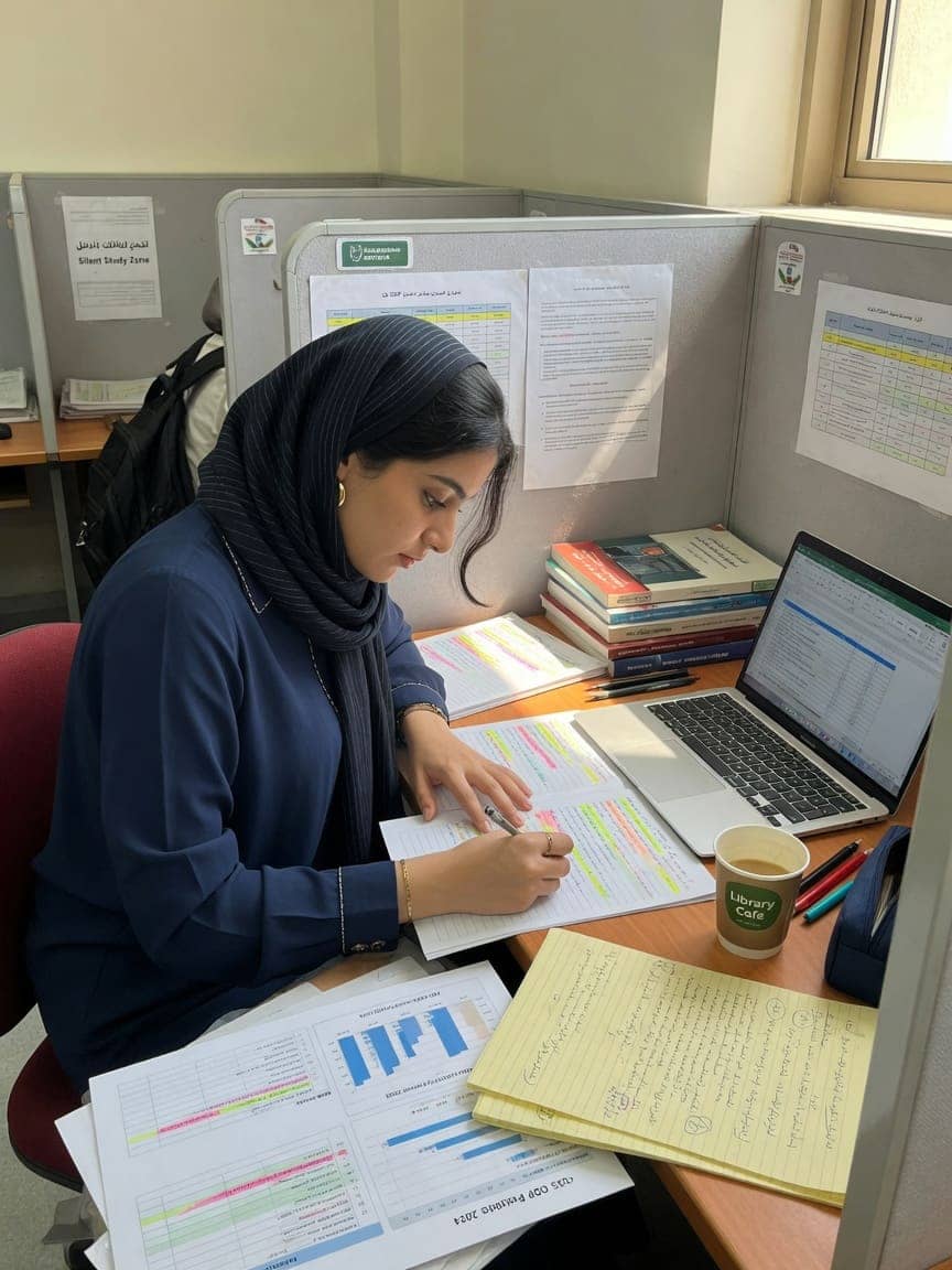 Undergraduate candidate reviewing charts and notes in a study carrel