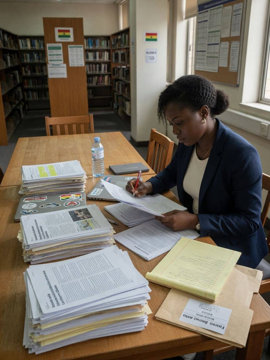 Postgraduate candidate reviewing research papers in a reading room