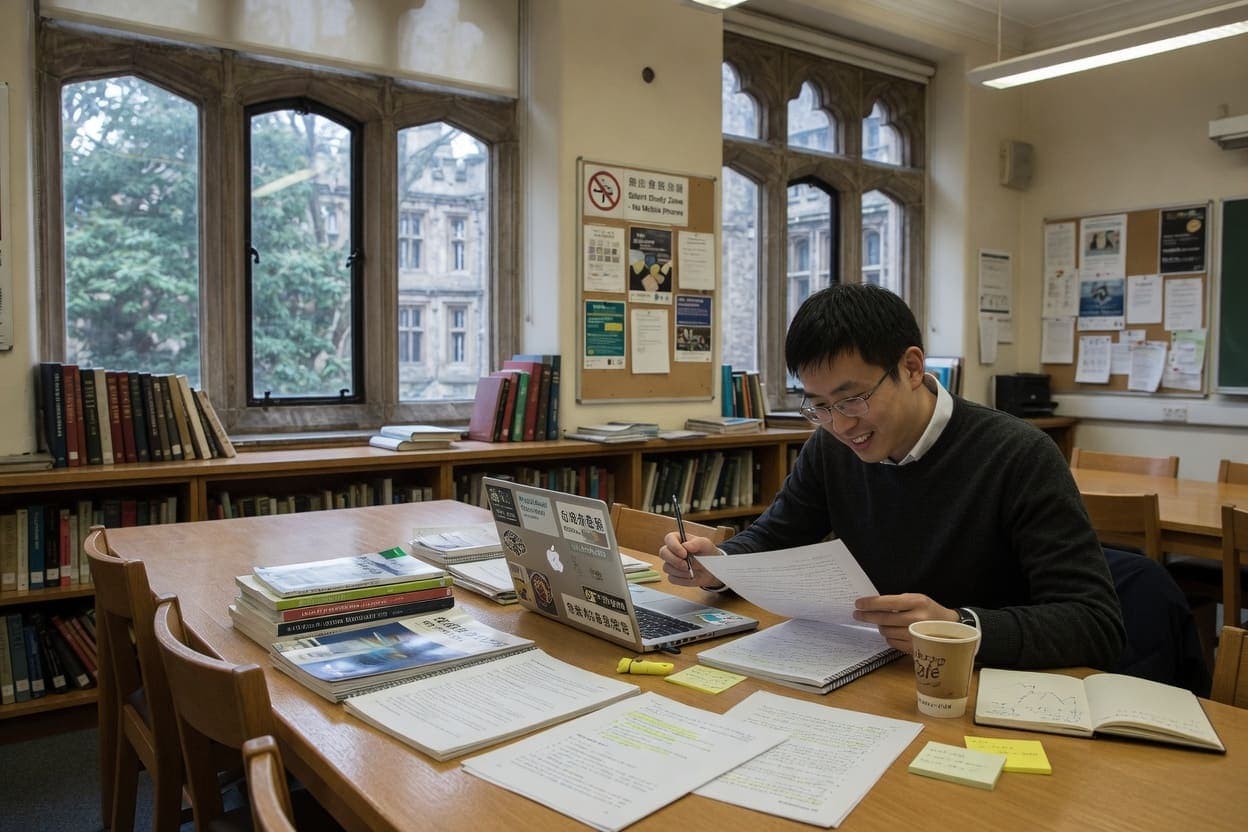 Researcher reviewing papers in a quiet academic reading room